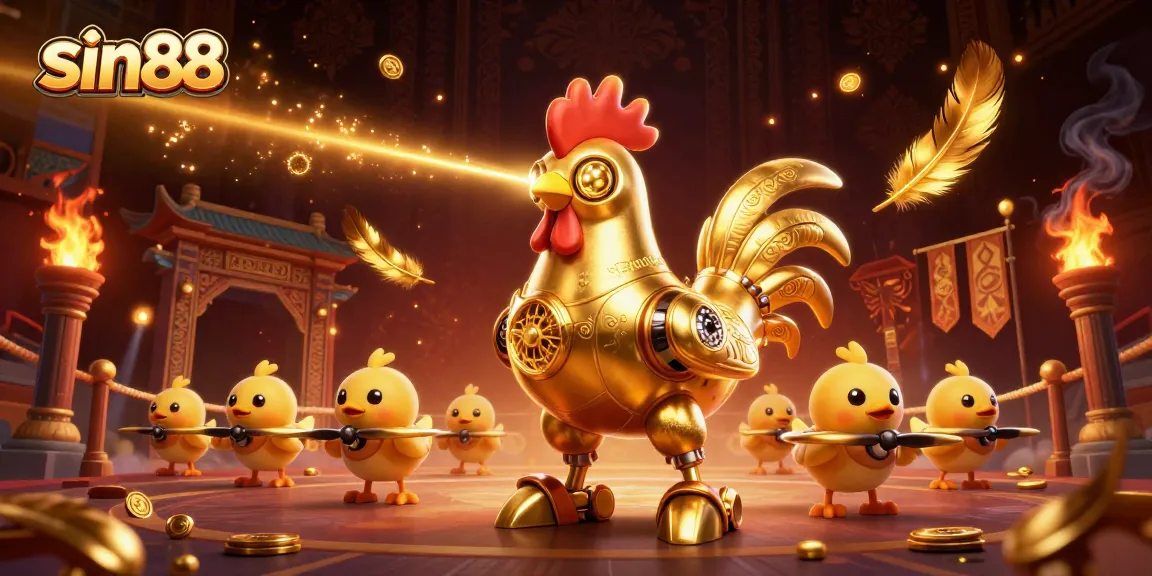 Experience sin88 thrills with a dynamic scene featuring a golden rooster robot and baby chick drones in a vibrant gambling arena.