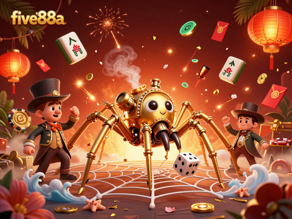 Experience the thrill of betting at five88a with an intricate casino scene showcasing a steampunk spider and dynamic elements.