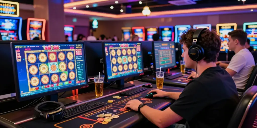 Seorang pemain slot88 di lingkungan kasino online yang meriah dengan layar berwarna dan suasana energik.