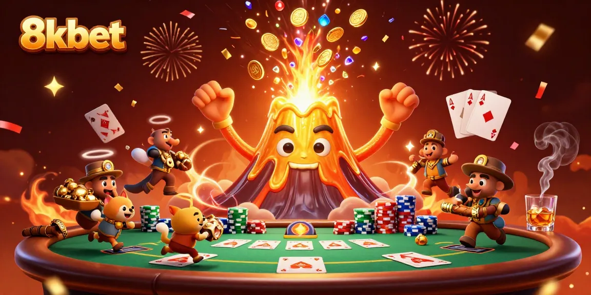8kbet unveils excitement at a golden volcano casino with treasures, poker chips, and immersive gaming.