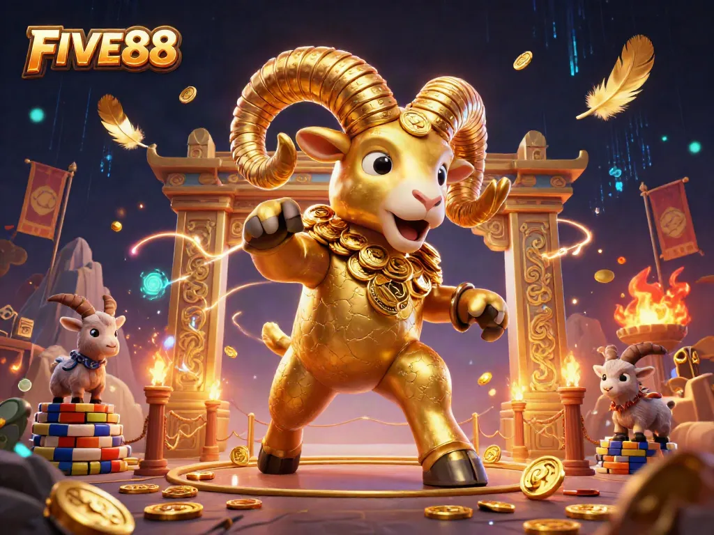 A massive golden ram charges at the golden gate, symbolizing the exciting games offered at FIVE88.