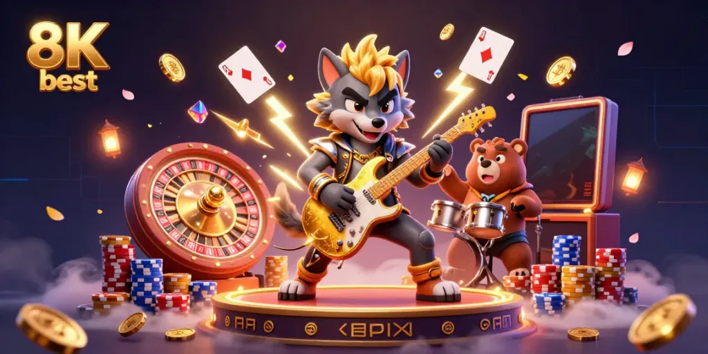 Experience the thrill of casino gaming with the vibrant illustration of the 8K best casino scene featuring a rock star wolf.