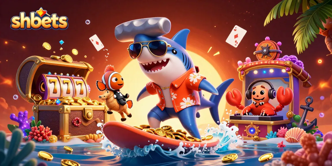 Surf on shbets' gold coins with a hammer-head shark and friends, celebrating casino excitement.