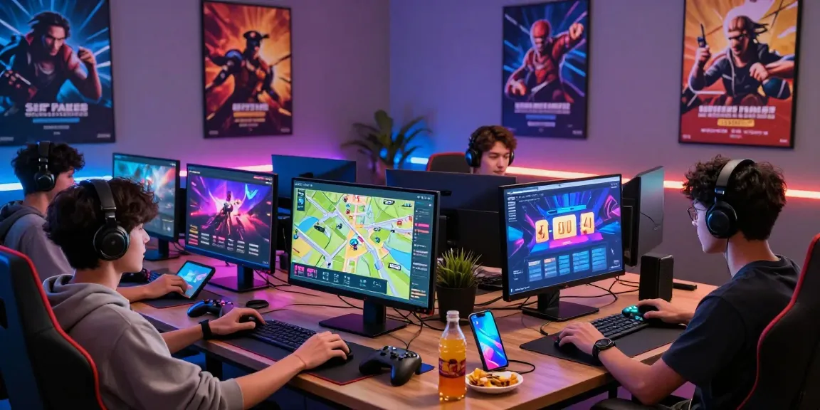 Engaged gamers exploring XX88 online platform with multi-device setup and modern gaming room.