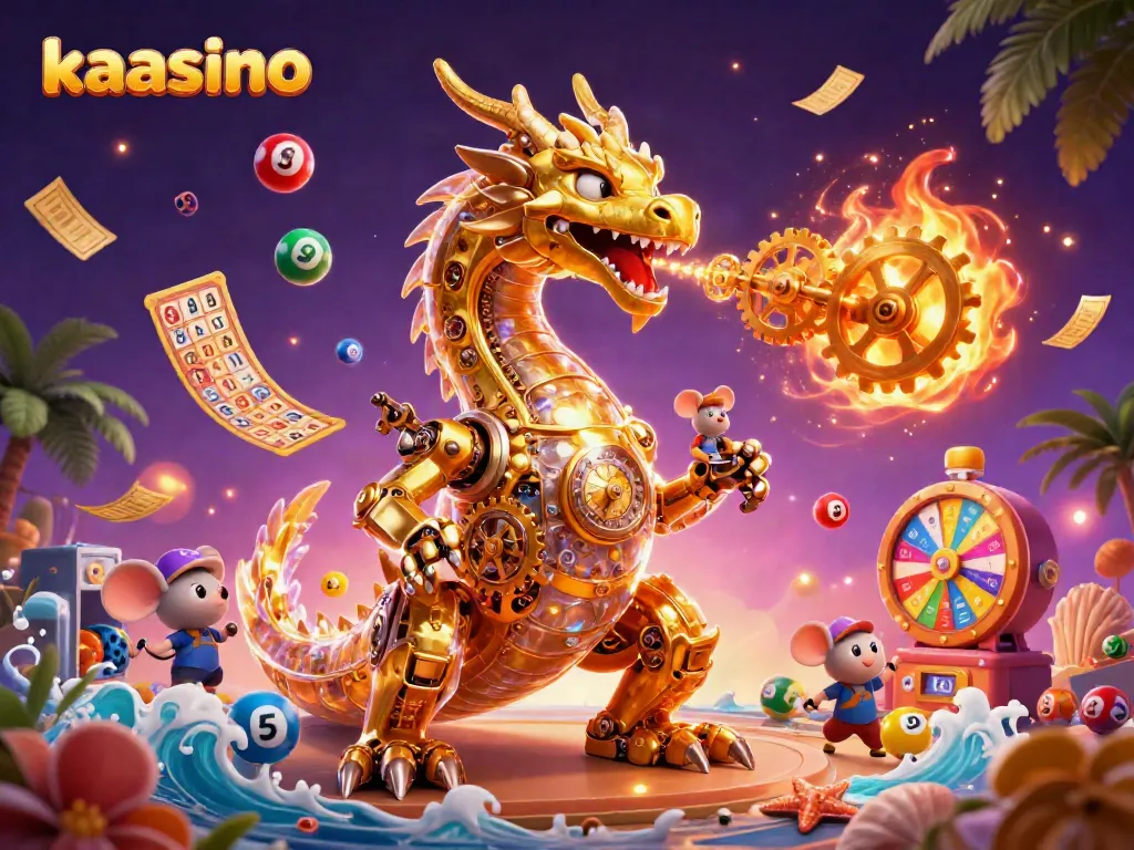 Kaasino captures excitement with a dragon breathing gears amid vibrant casino elements.