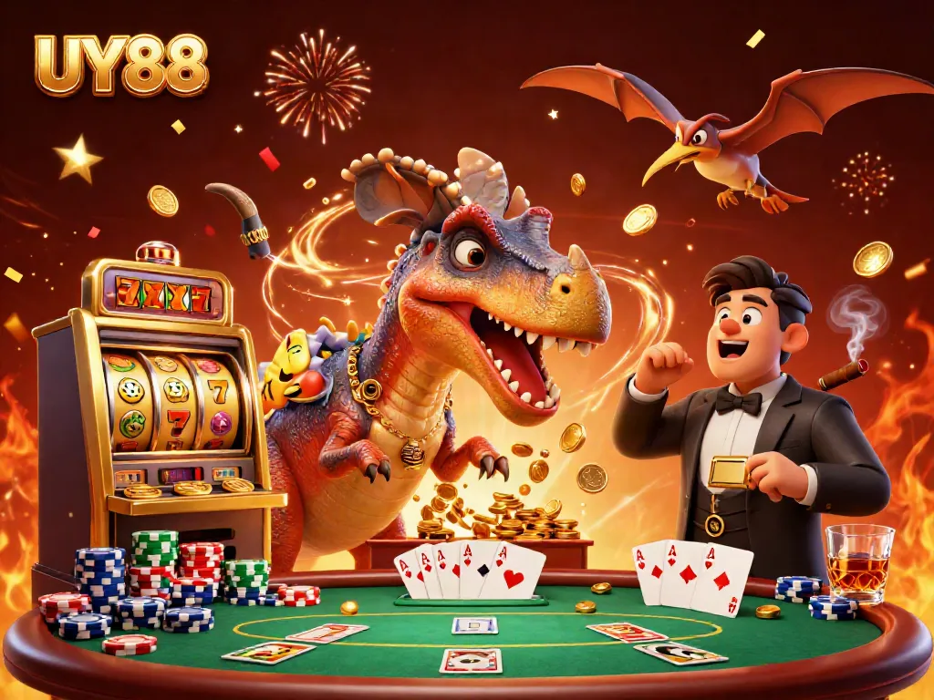 Catch golden coins with UY88 as a pachycephalosaurus hits a jackpot slot machine.