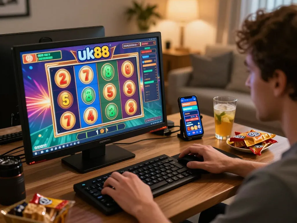 Player enjoying an engaging online slot game at uk88, showcasing excitement and interaction.