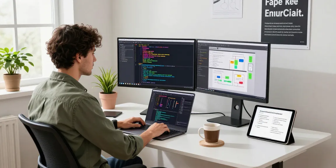 Build internal tools with AI in a modern tech workspace, showcasing a developer coding with flowcharts and inspirational decor.