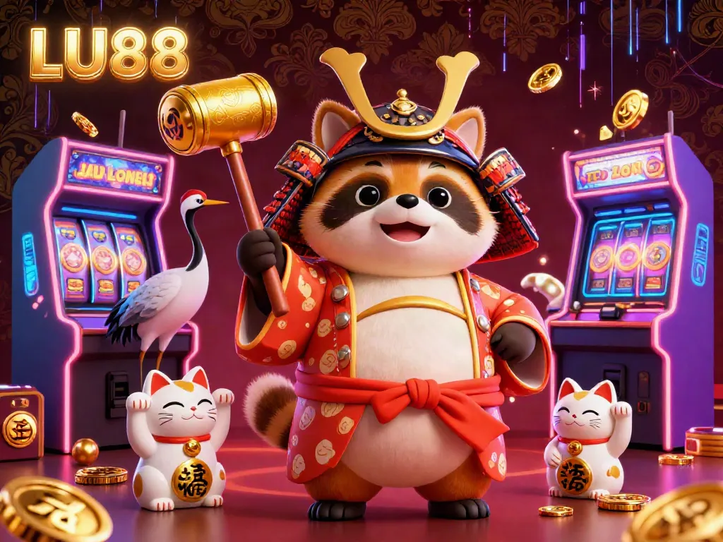 Experience LU88 casino excitement with a cheerful tanuki, a crane, and waving fortune cats in a colorful casino scene.