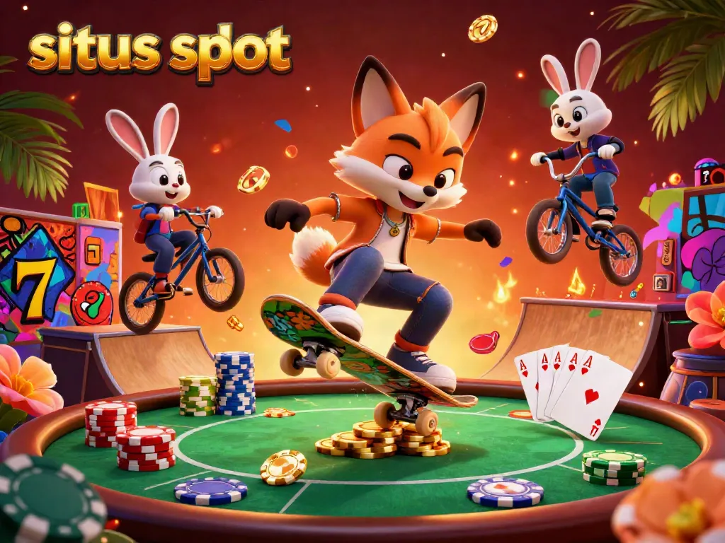 The vibrant 3D cartoon scene of slots and casino excitement showcases "situs slot" with a kickflipping fox and BMX rabbit.