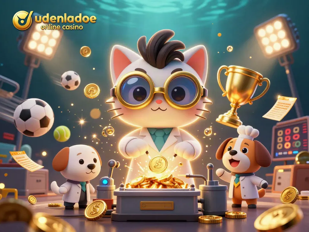 Experience the thrill of udenlandske online casino with a dynamic scene of a mad scientist cat and dog amidst gaming excitement.