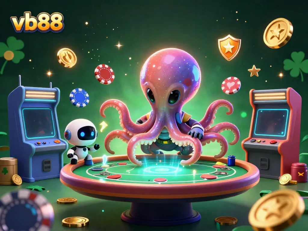 Experience poker excitement with vb88 in a vibrant alien casino scene featuring animated characters and holographic elements.