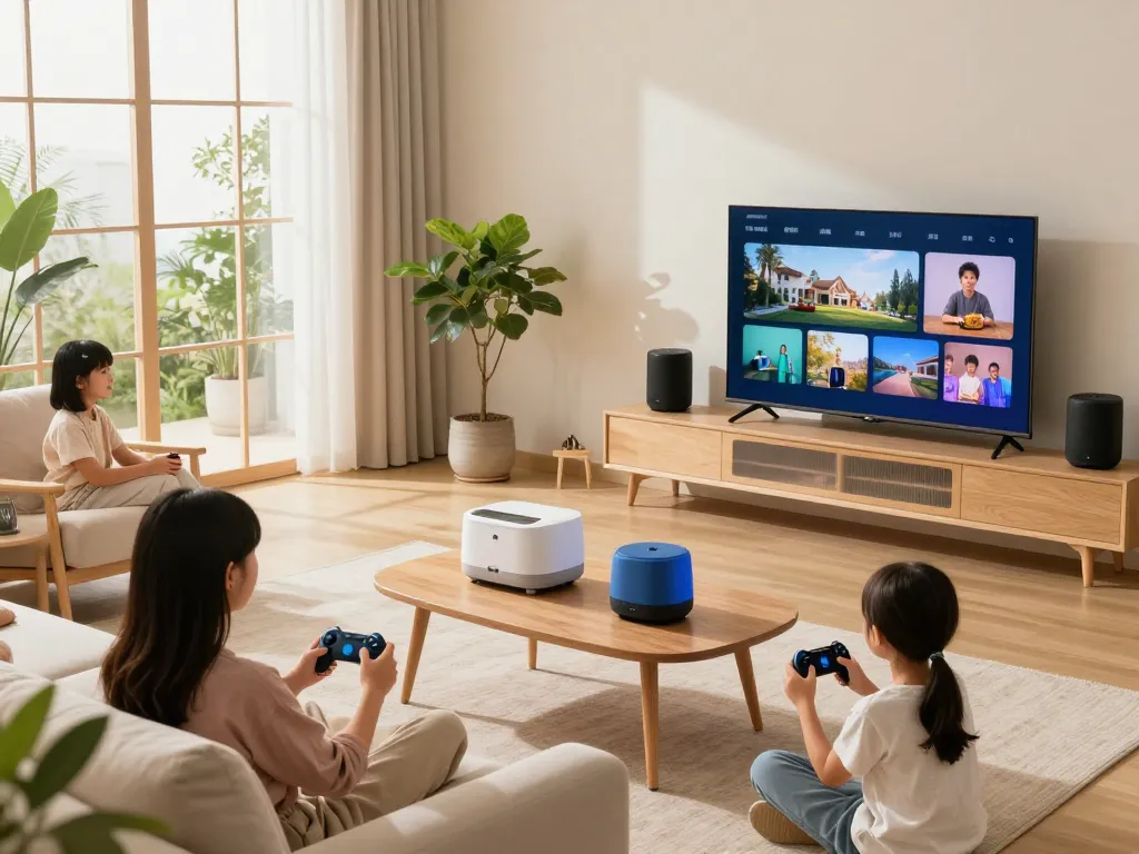 Tech gadgets for home integrated seamlessly into a cozy living room with family enjoying Bluetooth devices and smart solutions.