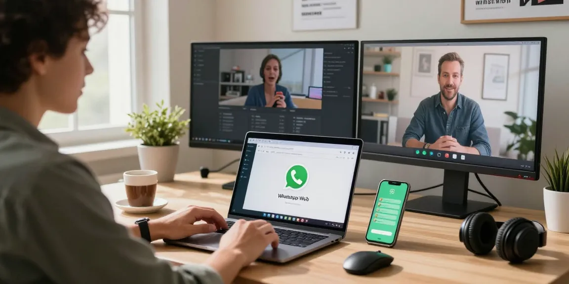 User engaging with WhatsApp網頁版 on a laptop in a bright workspace, showcasing modern tech tools and productivity.