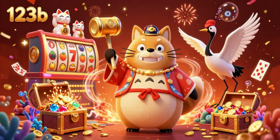 Engage with 123b's energetic casino scene featuring a cheerful tanuki, gold coins, and festive elements.