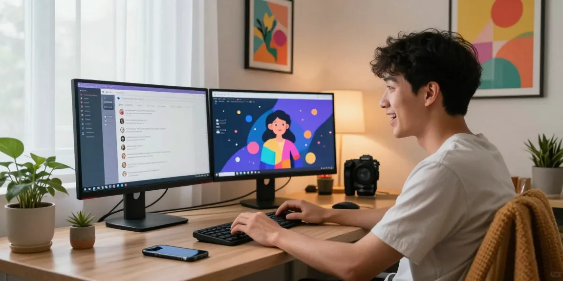Engaging user with nsfw ai platform in modern home office setup, showcasing vibrant AI-generated visuals and lively atmosphere.