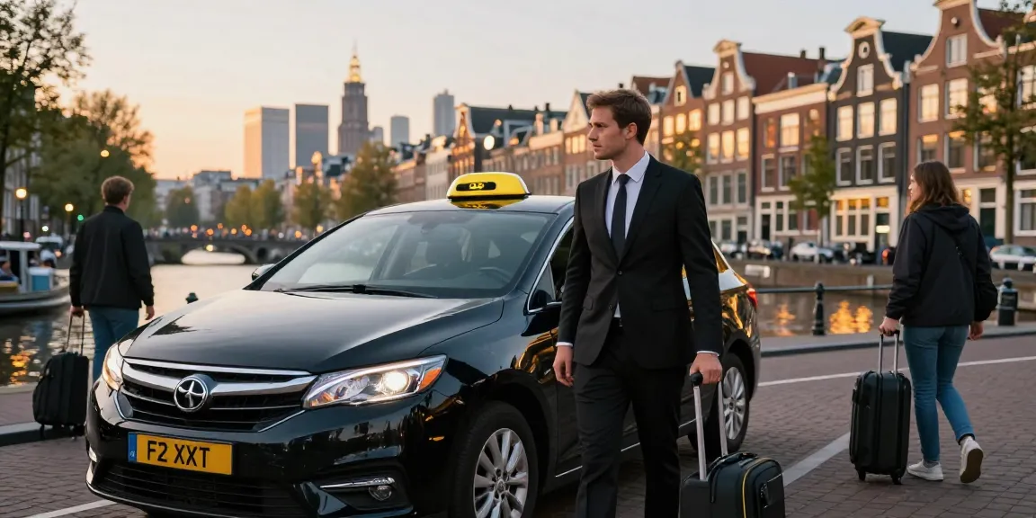Taxi Amsterdam service met professionele chauffeur en passagiers in een stedelijke omgeving.