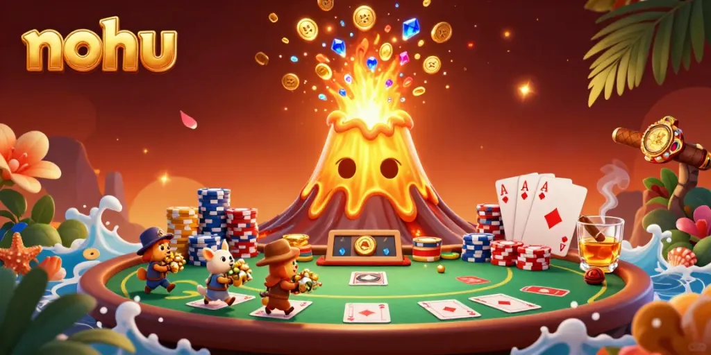 Experience the thrill of nohu gaming with a treasure-filled scene featuring a golden volcano and poker elements.