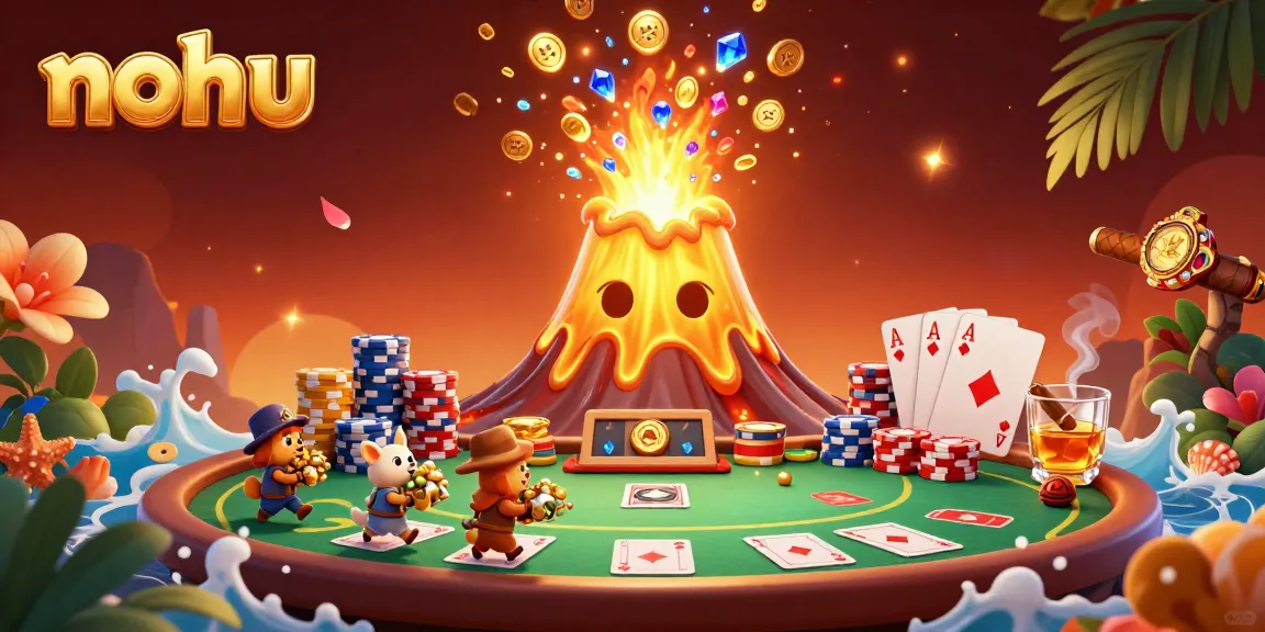 Experience the thrill of nohu gaming with a treasure-filled scene featuring a golden volcano and poker elements.