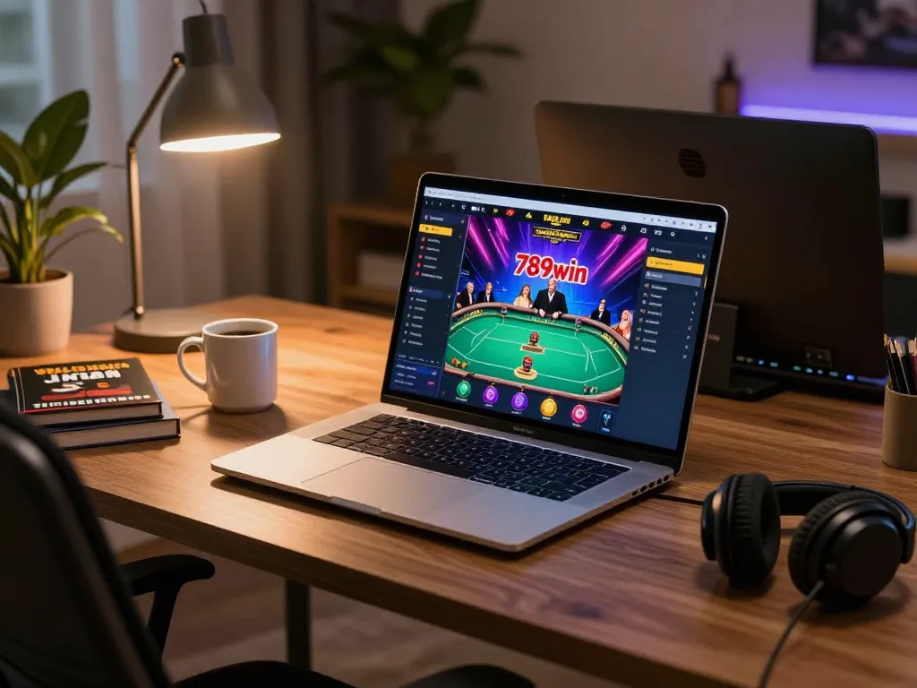 Engaging in the thrilling 789win game at a stylish home desk setup with vibrant poker interface.