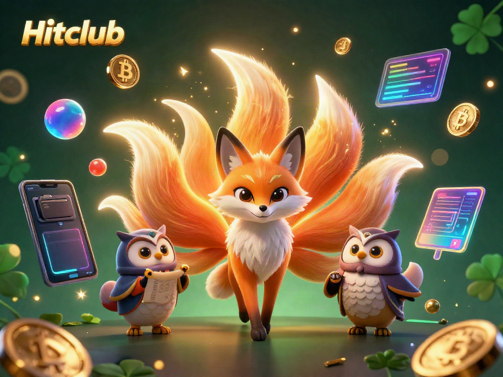 Experience vibrant gameplay at Hitclub with a 3D illustration of glowing characters and crypto coins.