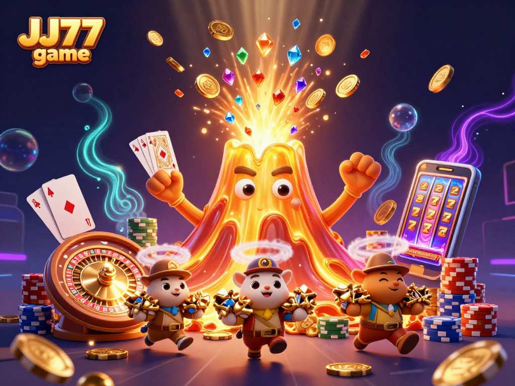 Experience the thrill of the JJ77 game with a dynamic 3D illustration of treasure and excitement.