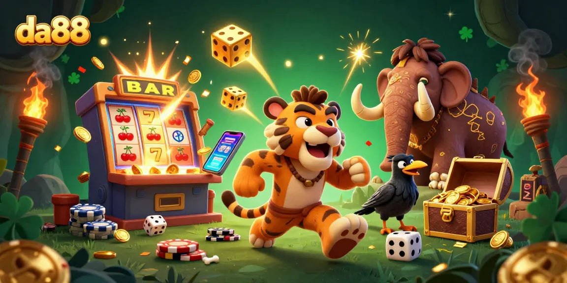 Experience the vibrant da88 casino universe with dynamic characters, slot machines, and exciting casino elements.