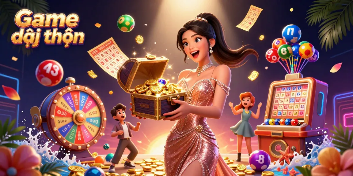 Experience the excitement of Game đổi thưởng with a joyful Asian woman presenting treasures in a lavish scene.