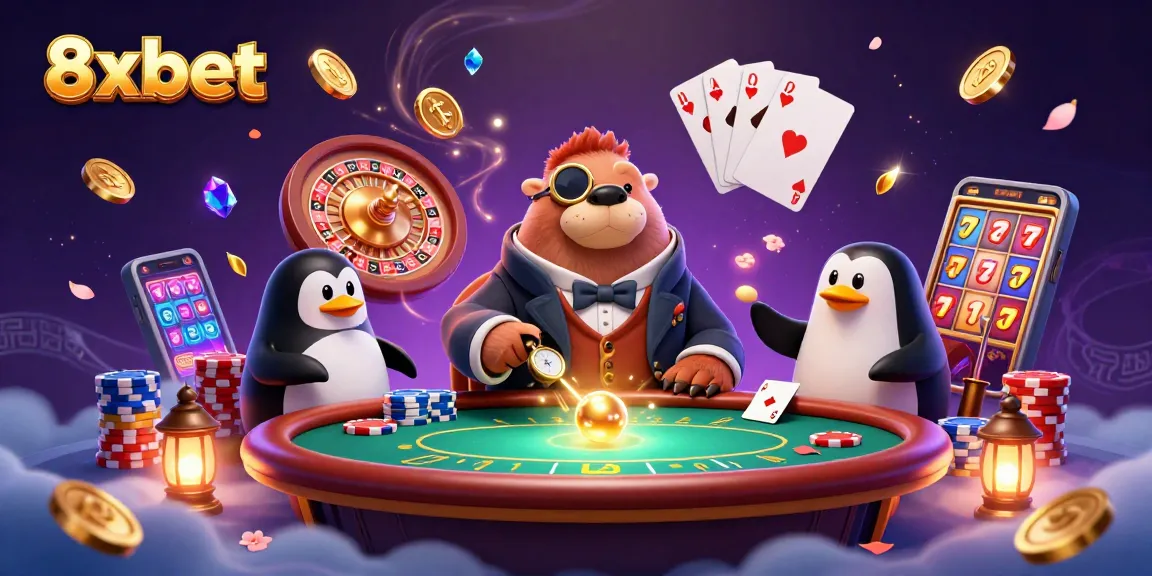 Experience thrilling gameplay at 8xbet with a walrus, penguin dealer, and pufferfish in a vibrant casino scene.