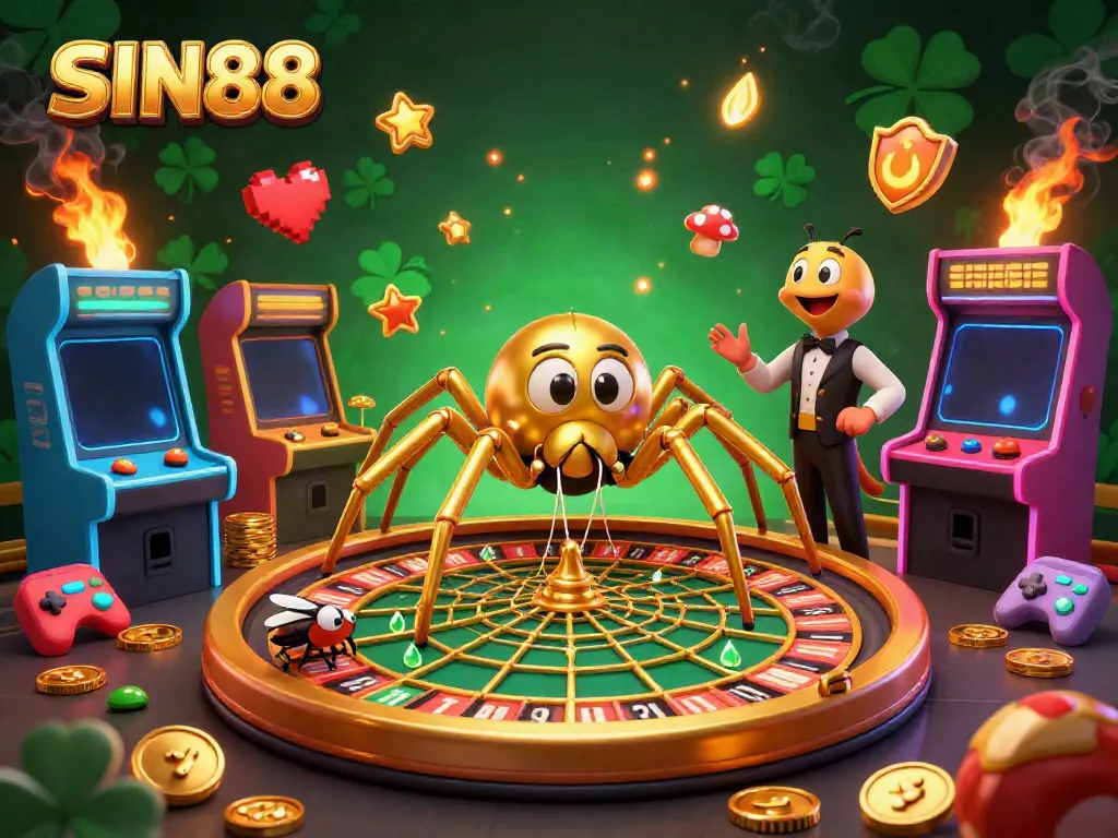 SIN88 spins winning bets with a golden spider and centipede croupier in a vibrant casino scene.