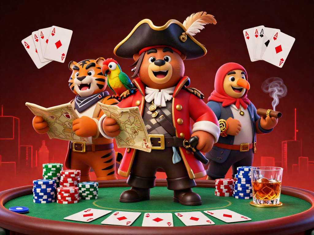 Engage with the thrilling world of 789WIN's casino games featuring pirate characters and dynamic poker action.