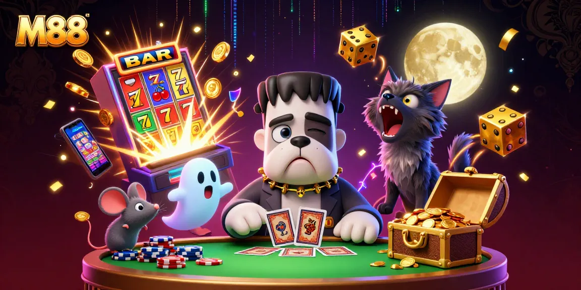 M88 offers a thrilling gaming experience with a lively scene featuring a unique bulldog monster dealing cards.