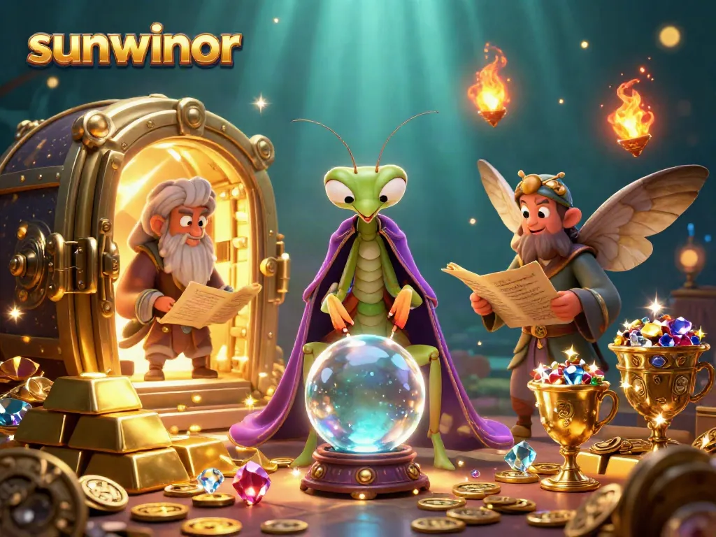 Engage in thrilling gameplay at sunwinor with a vibrant casino-themed illustration featuring mystical characters and treasures.
