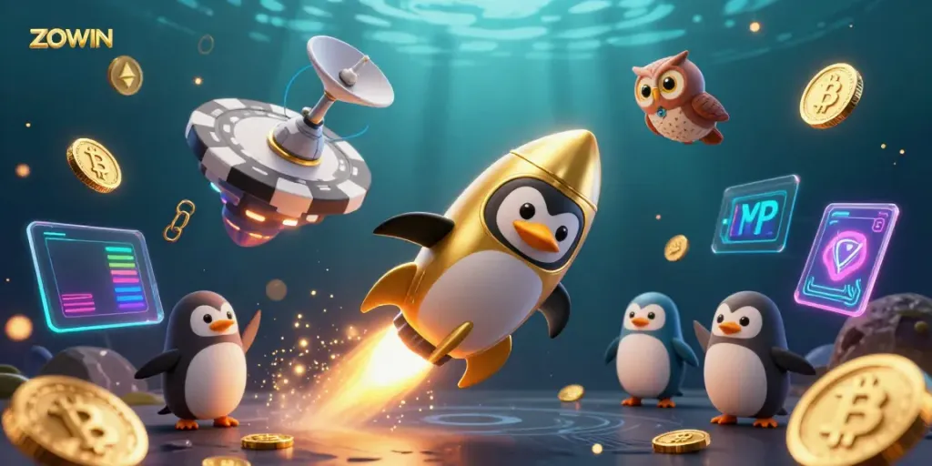 ZOWIN penguin rockets to the casino in a vibrant, engaging illustration full of gambling elements.