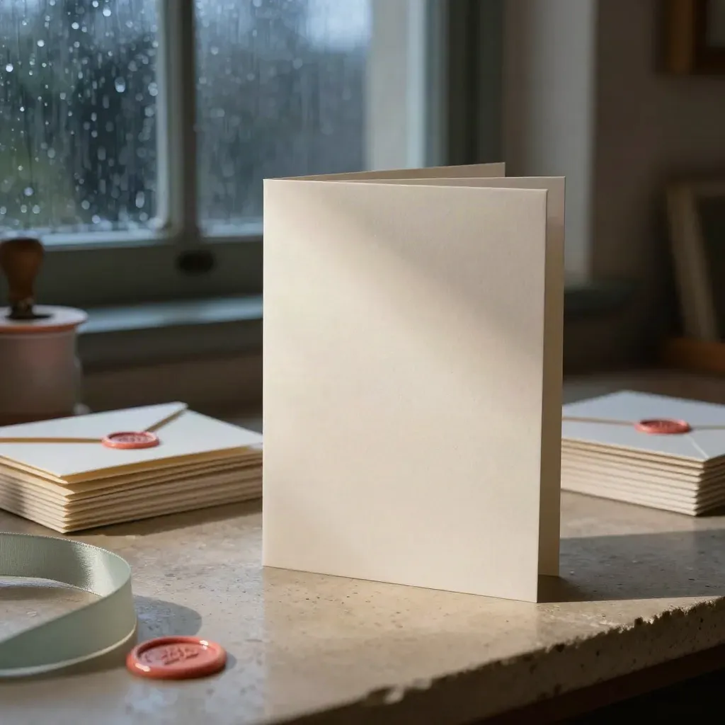 Blanco wenskaarten, enveloppen en waxzegels op een nat atelierblad in schemerlicht.