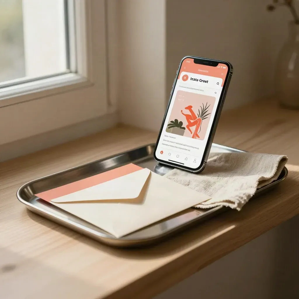 Telefoon met digitale wenskaart, papieren mockup, envelop en linnen op een vensterbank.