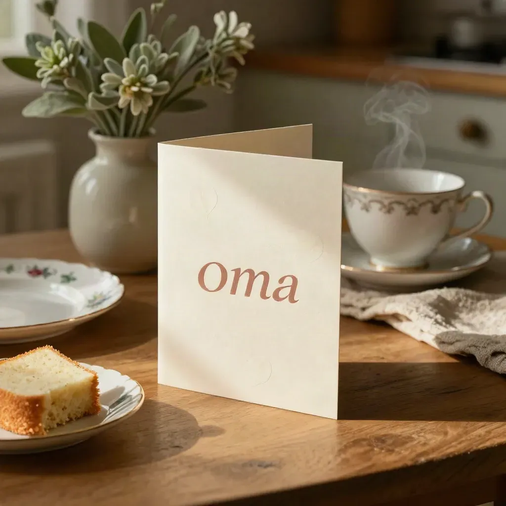 Verjaardagskaart bij thee en cake in een warme huiskamerhoek met bloemen.