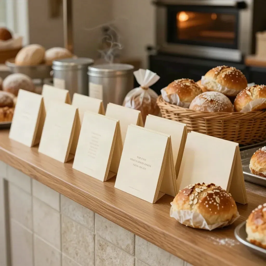 Bakkerij met rij luxe wenskaarten naast versgebakken broodjes en bloemige tins.