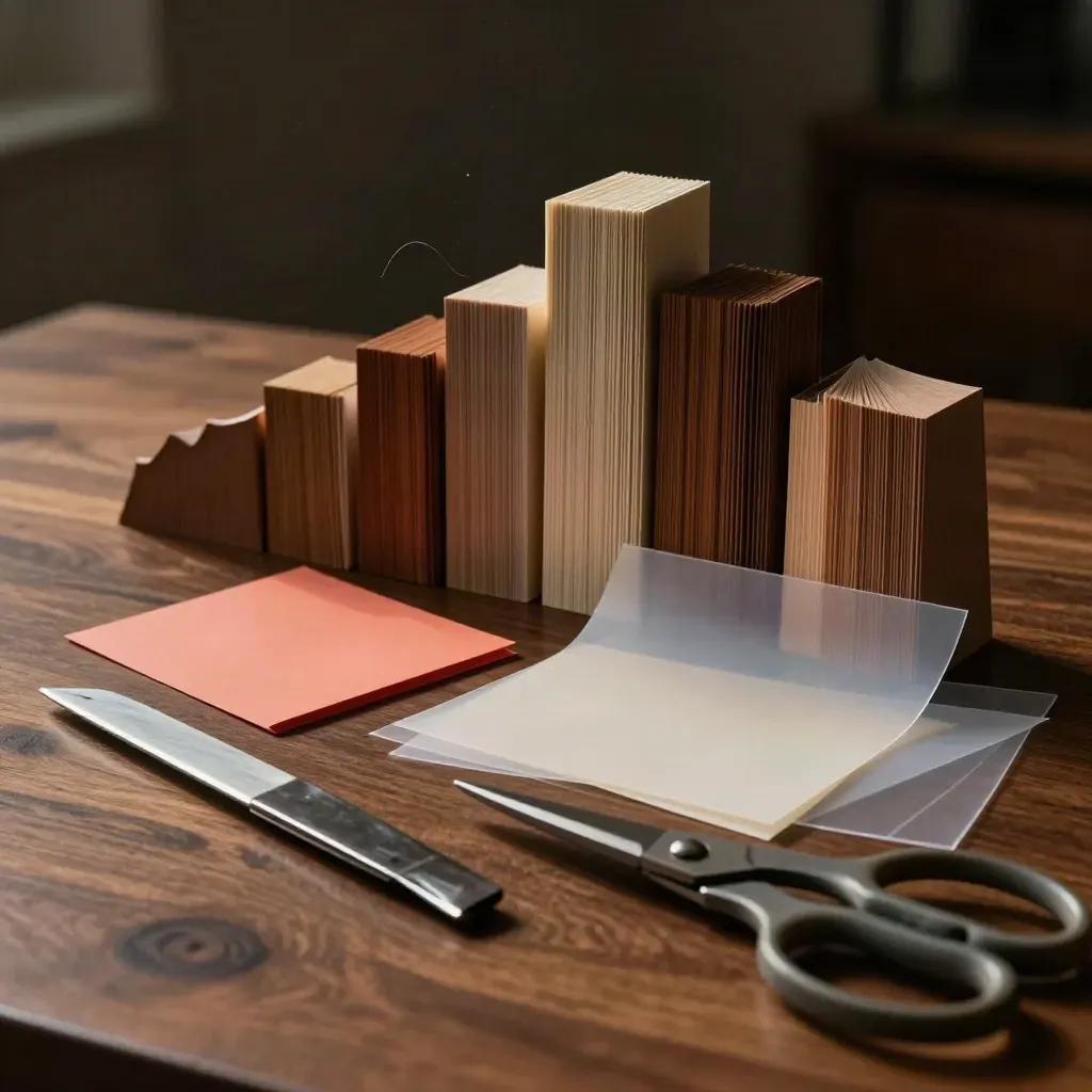 Papierstalen, snijmes en schaar op een warme ontwerperswerktafel in dramatisch licht.