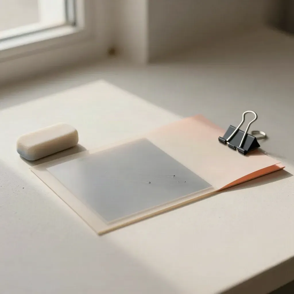 Transparante proeflagen, gum en binderclips rond een gevouwen kaart op licht pleisterwerk.