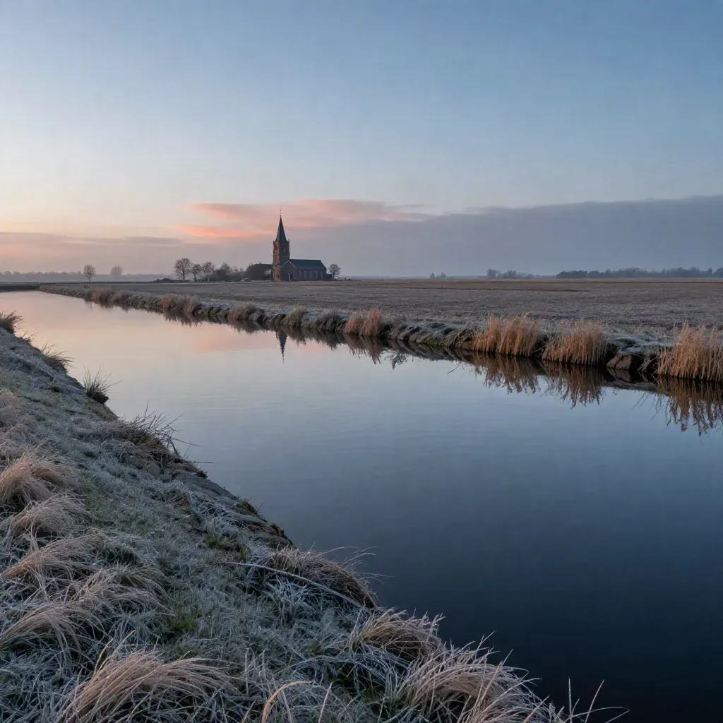 Noord-Nederland met kerk-toren, kanalen en mistige polders bij zacht ochtendlicht.