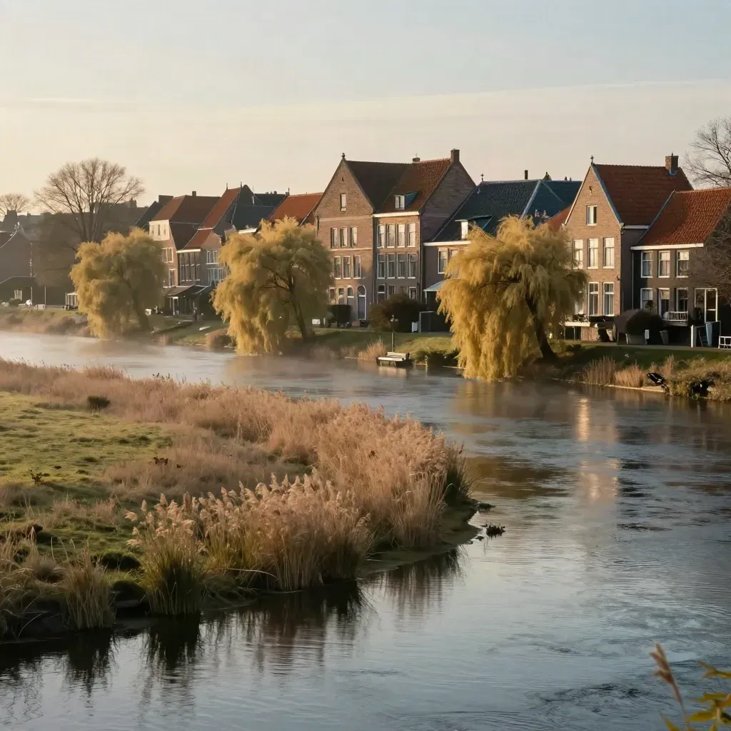 Deventer-rooftops boven de IJssel met wilgen, riet en rustige floodplain in gouden uurlicht