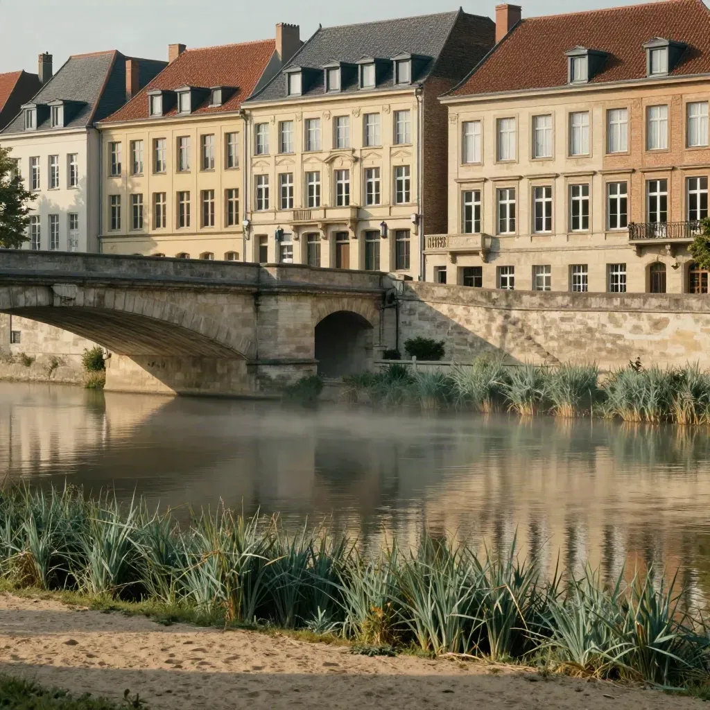 Maastrichtse kalkstenen gevels en brug boven de Maas in warme nevel, met rustige rivier als vlak.