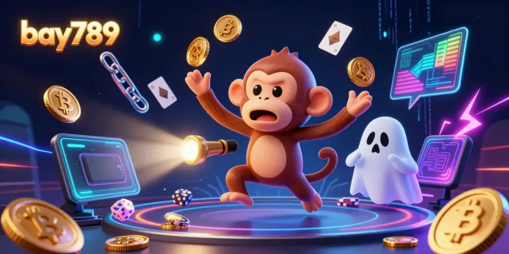 Experience the excitement of bay789 with a ghostly monkey and curious puppy in a haunted casino.