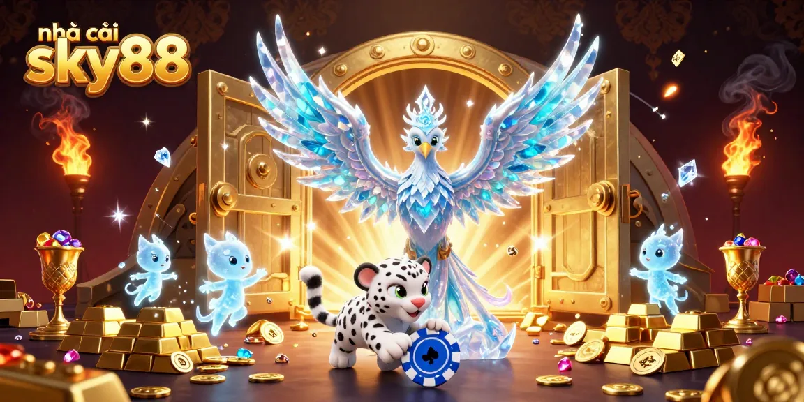 Experience thrilling slots at nhà cái sky88 with vibrant casino characters in a prismatic treasure scene.