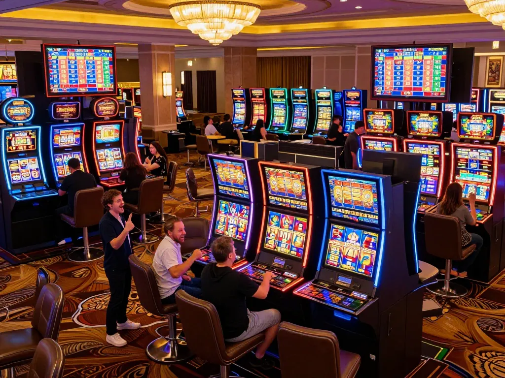 Experience the excitement of red88 slots with colorful lights and enthusiastic players celebrating wins.