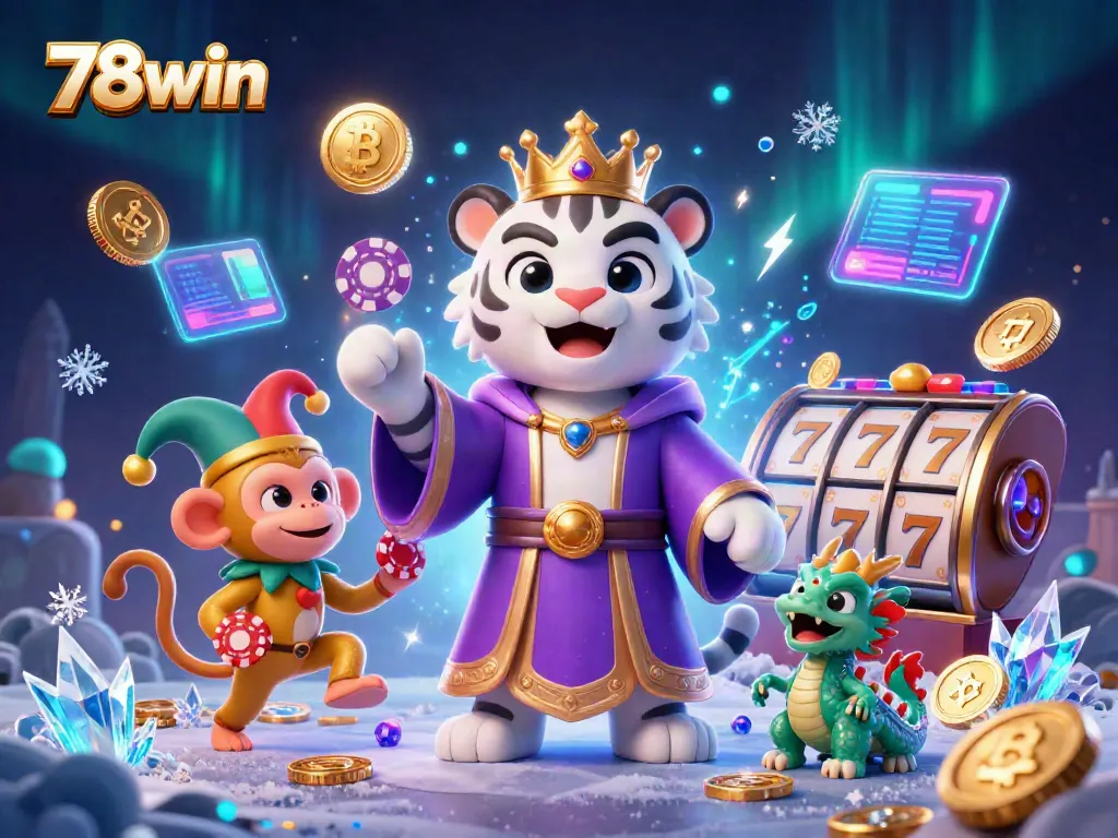Experience the thrilling features of 78win as a white tiger and monkey celebrate casino gaming excitement.