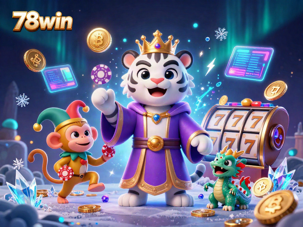 Experience the thrilling features of 78win as a white tiger and monkey celebrate casino gaming excitement.