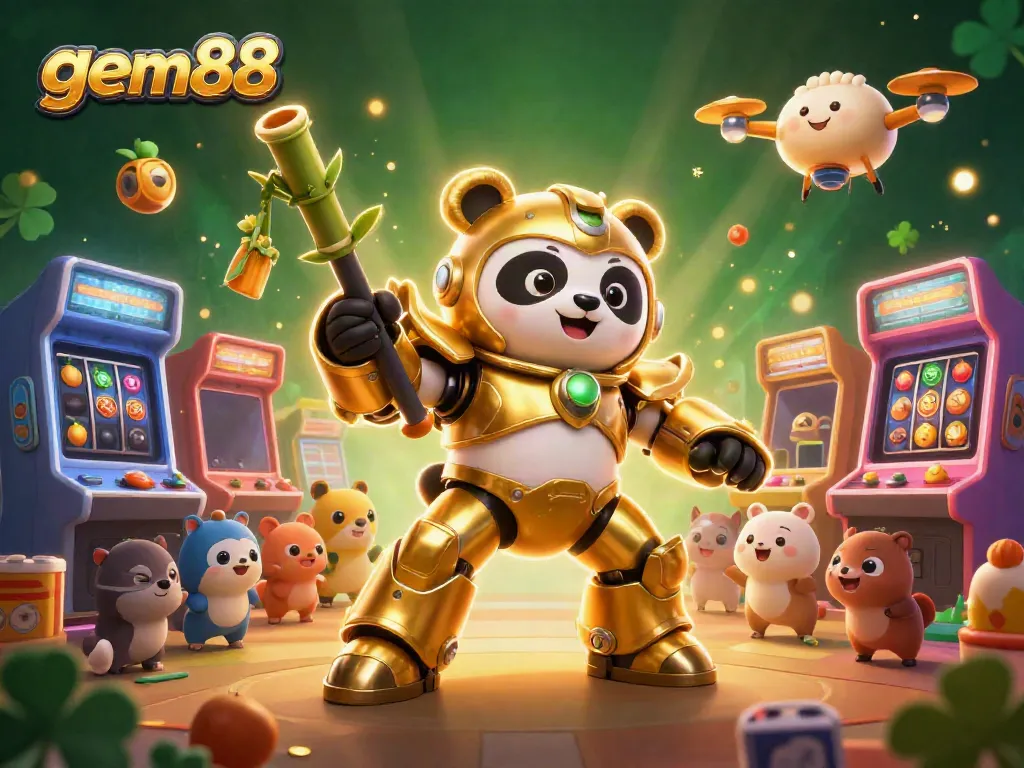 Engage in thrilling gameplay with gem88's vibrant 3D casino illustration, showcasing animated characters and games.