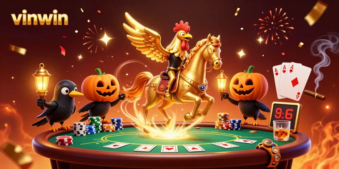 Experience the thrill at vinwin casino with golden rooster and poker ambiance.